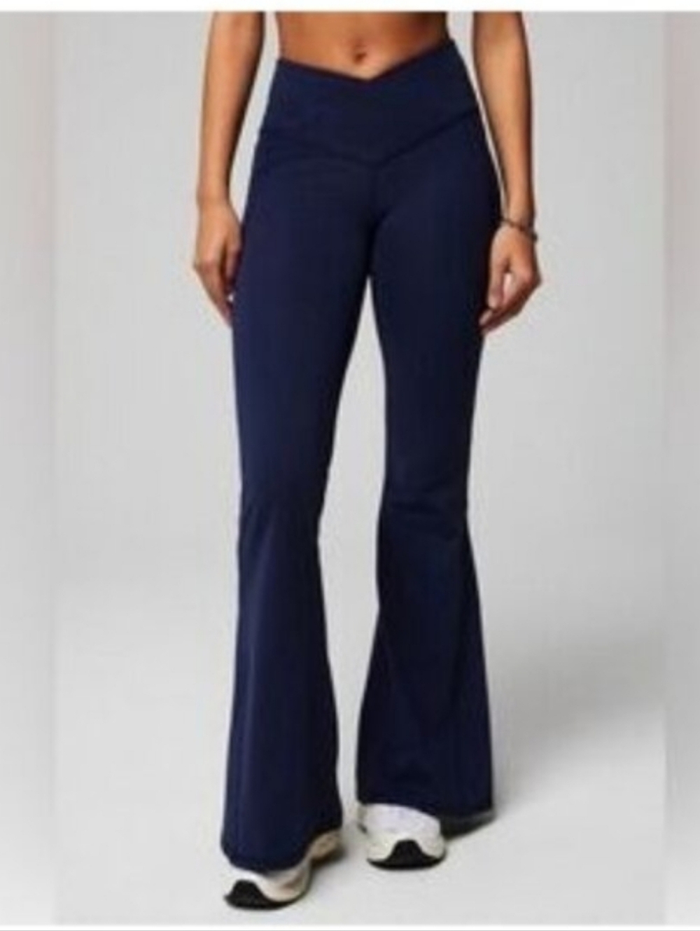 Fabletics Medium Tall MT Navy Crossover waist Flare Yoga Pants Pocket Leggings